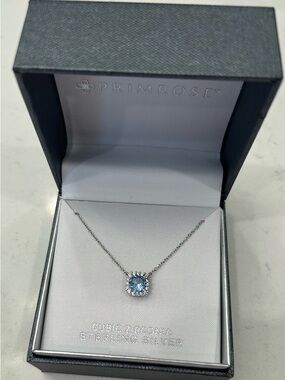 Primrose Sterling Silver Blue Halo Pendant Necklace